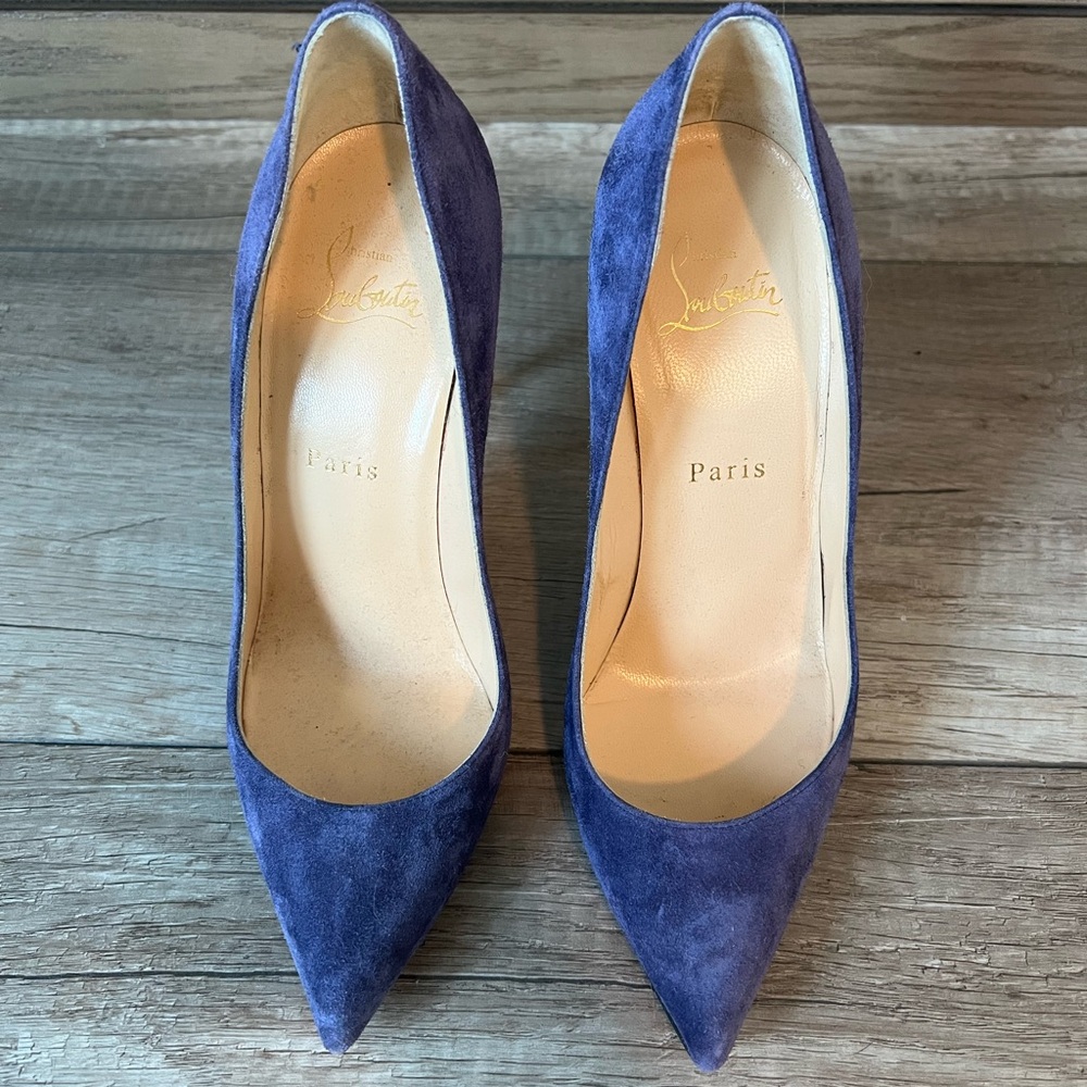 Blue suede Christian Louboutin So Kate heels